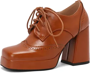 LUXMAX Women Platform Oxford Shoes Lace Upe Square Toe Wingtip Vintage Chunky Heel Saddle Shoes