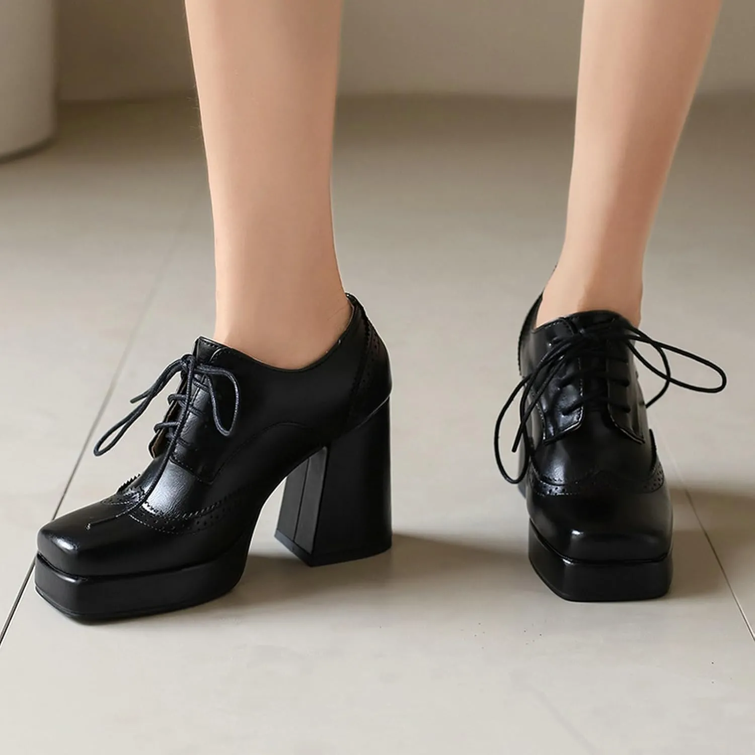 LUXMAX Women Platform Oxford Shoes Lace Upe Square Toe Wingtip Vintage Chunky Heel Saddle Shoes