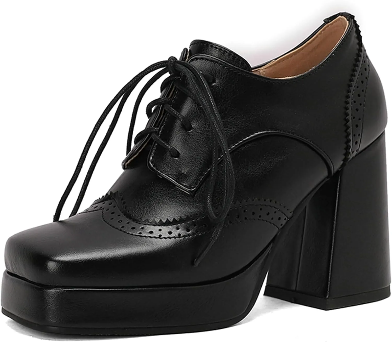 LUXMAX Women Platform Oxford Shoes Lace Upe Square Toe Wingtip Vintage Chunky Heel Saddle Shoes