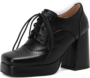 LUXMAX Women Platform Oxford Shoes Lace Upe Square Toe Wingtip Vintage Chunky Heel Saddle Shoes