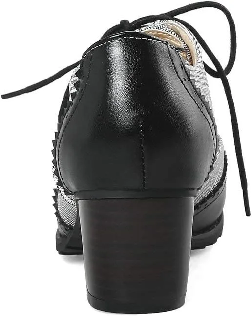 LUXMAX Womens Plaid Lace Up Wingtip Oxfords Brogues Shoes Stacked Block Heel Pumps