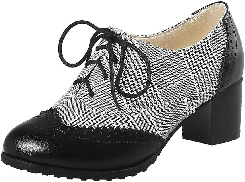 LUXMAX Womens Plaid Lace Up Wingtip Oxfords Brogues Shoes Stacked Block Heel Pumps