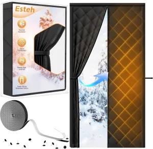 Magnetic Thermal Insulated Door Curtain for Winter Fits Door Size 38" x 82", Temporary Thermal DoorCover for Cold with Thickened Cotton, Window Insulation Kit for Sliding Glass Doorways - Black