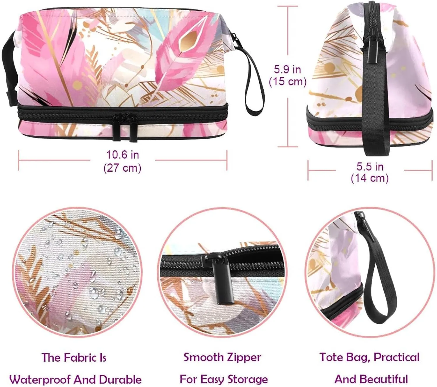 Makeup Bag Small,Makeup Travel Bag,Feather Pink Flower,Makeup Organizer Bag
