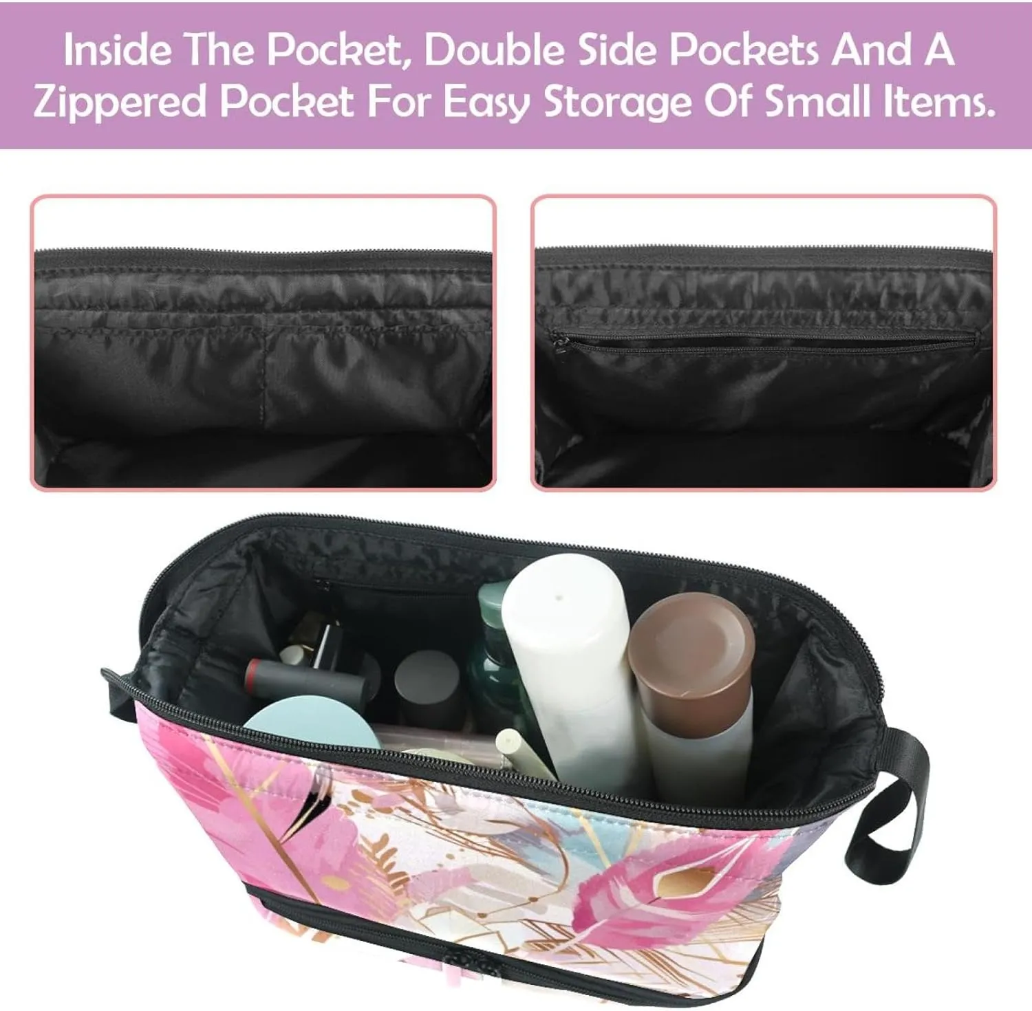 Makeup Bag Small,Makeup Travel Bag,Feather Pink Flower,Makeup Organizer Bag