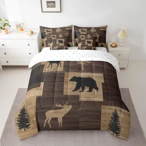 Manfei 7 Pieces Deer Bear Kids Comforter Set Queen Size, Wild Animal Theme Bedding Set for Boy Girls Room Decor, Grey Wooden Plank Bed in a Bag with Comforter, Fitted Sheet, Top Sheet and Pillowcases