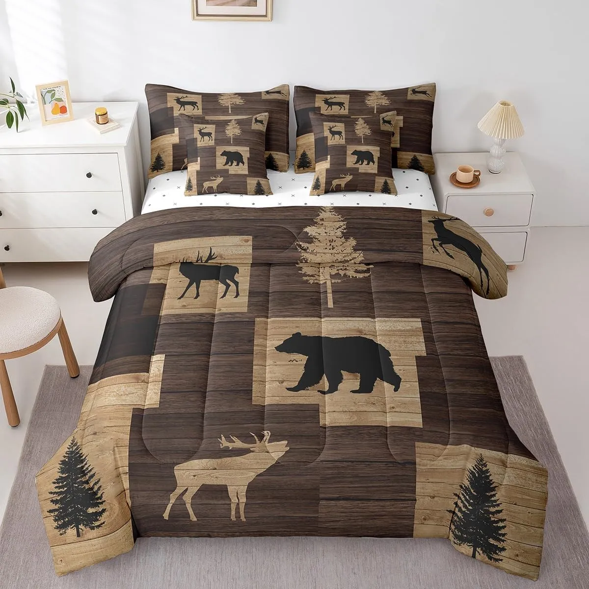 Manfei 7 Pieces Deer Bear Kids Comforter Set Queen Size, Wild Animal Theme Bedding Set for Boy Girls Room Decor, Grey Wooden Plank Bed in a Bag with Comforter, Fitted Sheet, Top Sheet and Pillowcases