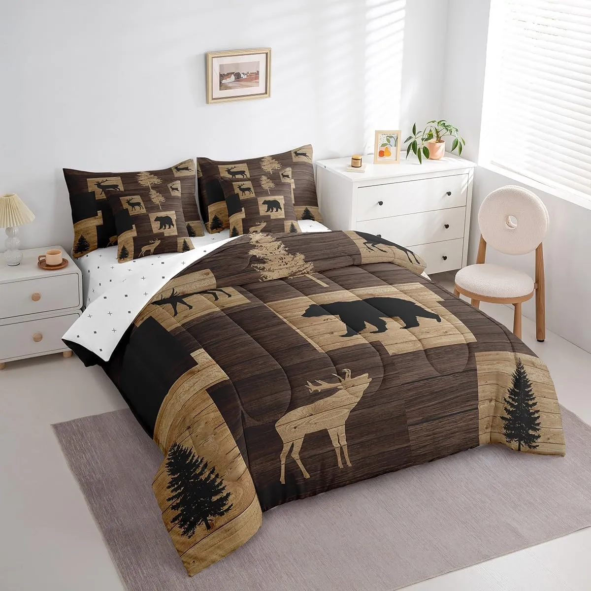Manfei 7 Pieces Deer Bear Kids Comforter Set Queen Size, Wild Animal Theme Bedding Set for Boy Girls Room Decor, Grey Wooden Plank Bed in a Bag with Comforter, Fitted Sheet, Top Sheet and Pillowcases