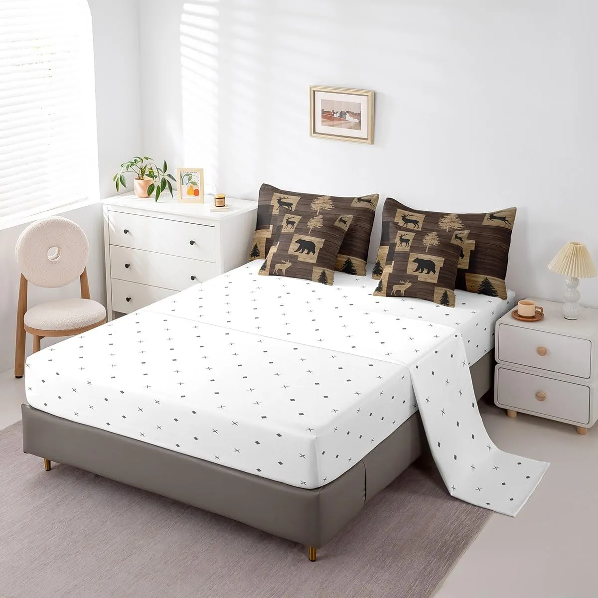 Manfei 7 Pieces Deer Bear Kids Comforter Set Queen Size, Wild Animal Theme Bedding Set for Boy Girls Room Decor, Grey Wooden Plank Bed in a Bag with Comforter, Fitted Sheet, Top Sheet and Pillowcases