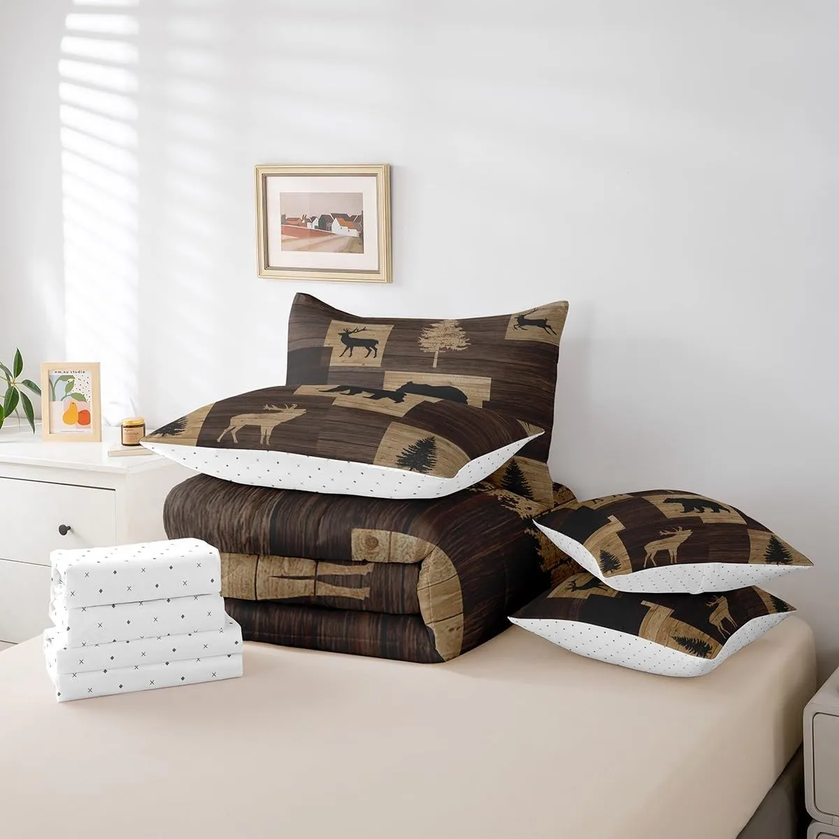 Manfei 7 Pieces Deer Bear Kids Comforter Set Queen Size, Wild Animal Theme Bedding Set for Boy Girls Room Decor, Grey Wooden Plank Bed in a Bag with Comforter, Fitted Sheet, Top Sheet and Pillowcases