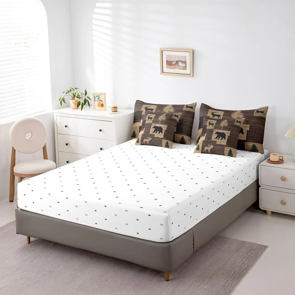 Manfei 7 Pieces Deer Bear Kids Comforter Set Queen Size, Wild Animal Theme Bedding Set for Boy Girls Room Decor, Grey Wooden Plank Bed in a Bag with Comforter, Fitted Sheet, Top Sheet and Pillowcases