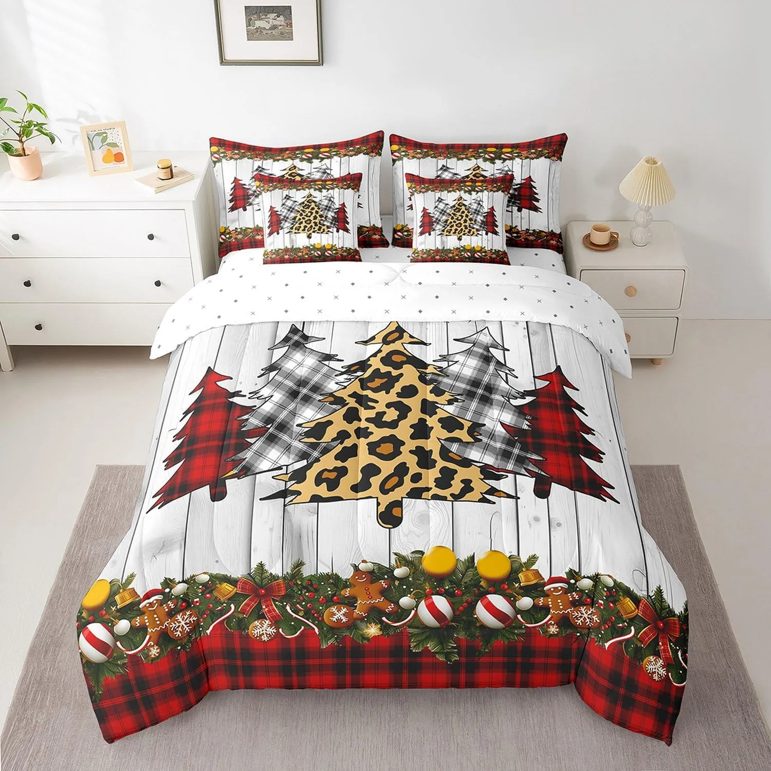 Manfei 7 Pieces Xmas Trees Comforter Set Full Size, Christmas Theme Bedding Set for Kids Boys Girls Room Decor, Red Plaid Grey Wooden Plank 7pcs Bed in a Bag with Comforter, Sheets and Pillow Cases