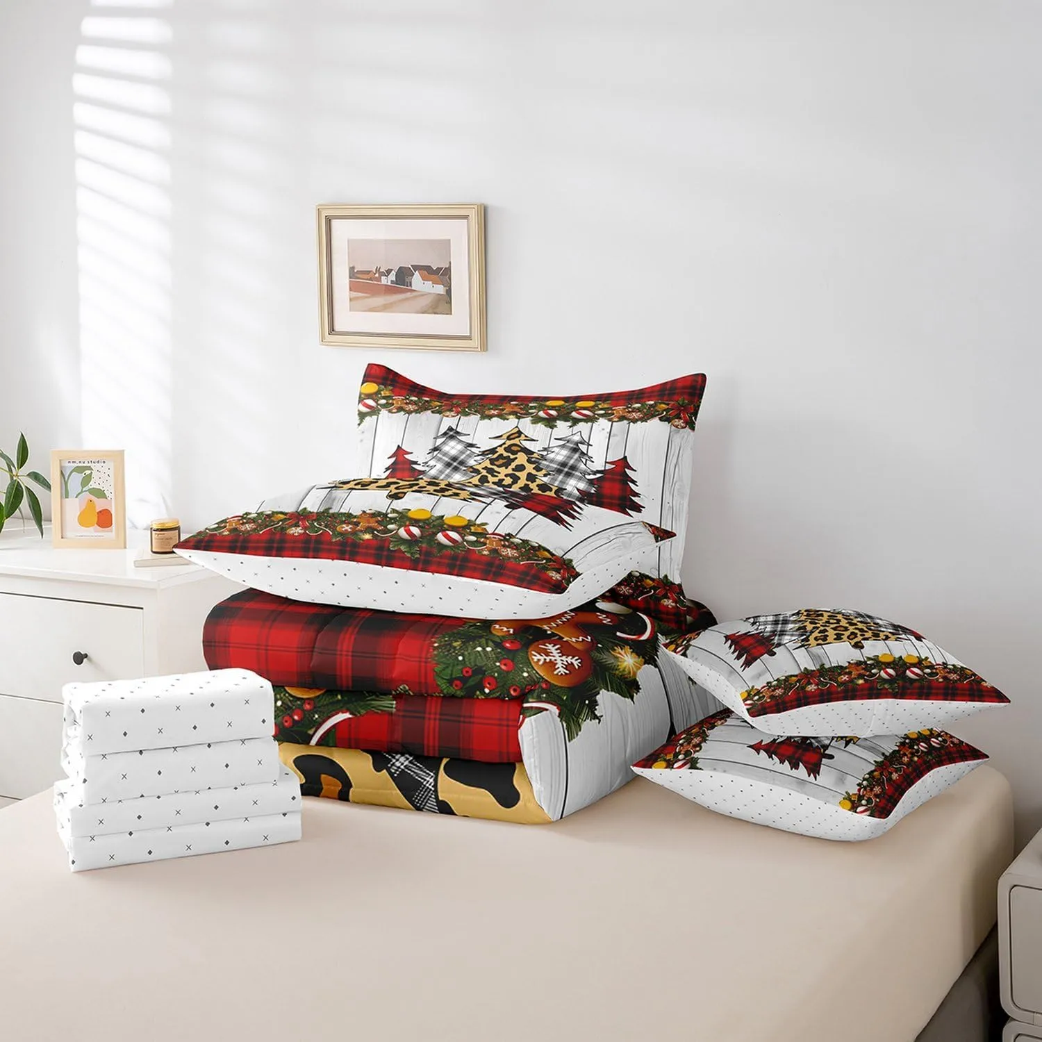 Manfei 7 Pieces Xmas Trees Comforter Set Full Size, Christmas Theme Bedding Set for Kids Boys Girls Room Decor, Red Plaid Grey Wooden Plank 7pcs Bed in a Bag with Comforter, Sheets and Pillow Cases