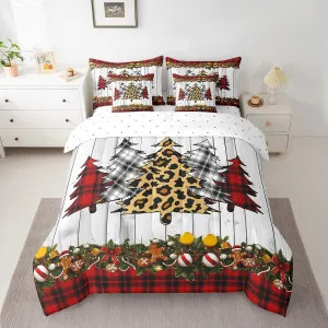 Manfei 7 Pieces Xmas Trees Comforter Set Full Size, Christmas Theme Bedding Set for Kids Boys Girls Room Decor, Red Plaid Grey Wooden Plank 7pcs Bed in a Bag with Comforter, Sheets and Pillow Cases