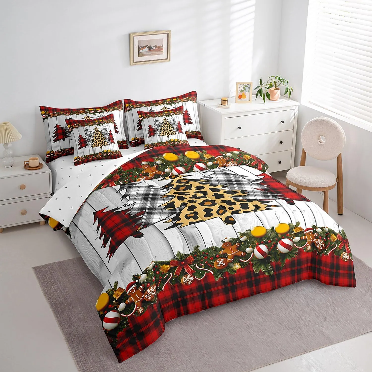 Manfei 7 Pieces Xmas Trees Comforter Set Full Size, Christmas Theme Bedding Set for Kids Boys Girls Room Decor, Red Plaid Grey Wooden Plank 7pcs Bed in a Bag with Comforter, Sheets and Pillow Cases