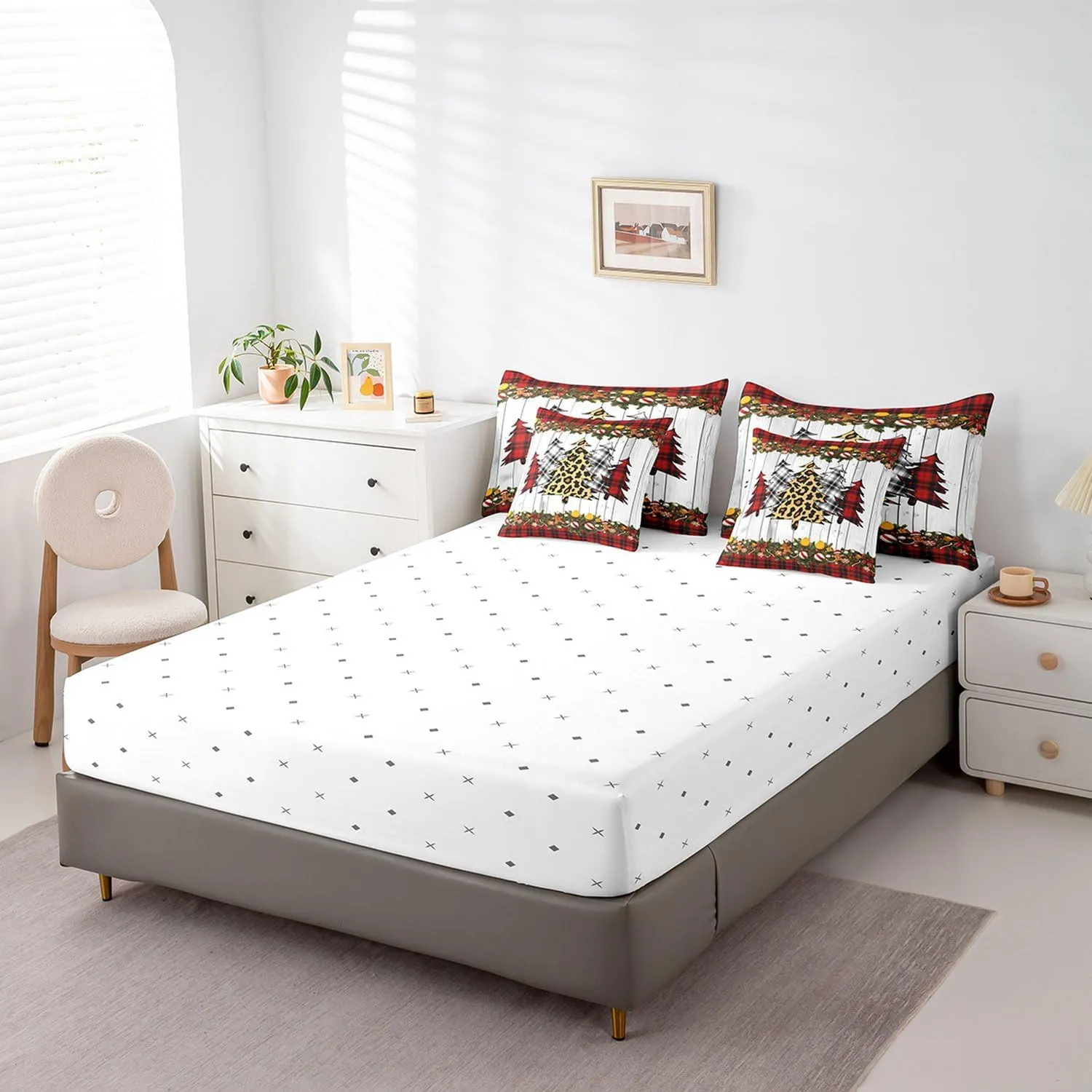 Manfei 7 Pieces Xmas Trees Comforter Set Full Size, Christmas Theme Bedding Set for Kids Boys Girls Room Decor, Red Plaid Grey Wooden Plank 7pcs Bed in a Bag with Comforter, Sheets and Pillow Cases