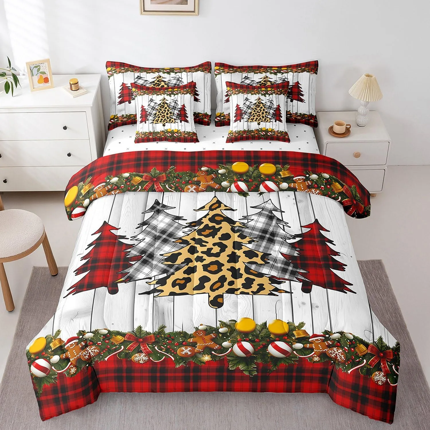 Manfei 7 Pieces Xmas Trees Comforter Set Full Size, Christmas Theme Bedding Set for Kids Boys Girls Room Decor, Red Plaid Grey Wooden Plank 7pcs Bed in a Bag with Comforter, Sheets and Pillow Cases