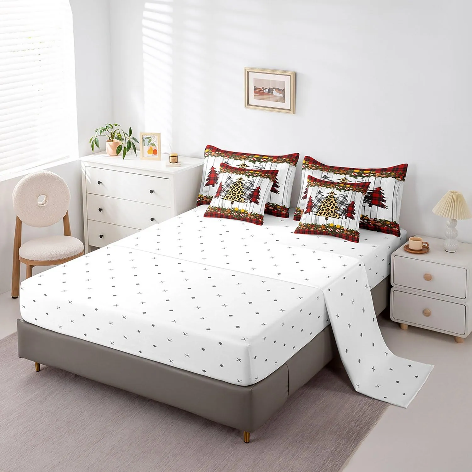 Manfei 7 Pieces Xmas Trees Comforter Set Full Size, Christmas Theme Bedding Set for Kids Boys Girls Room Decor, Red Plaid Grey Wooden Plank 7pcs Bed in a Bag with Comforter, Sheets and Pillow Cases