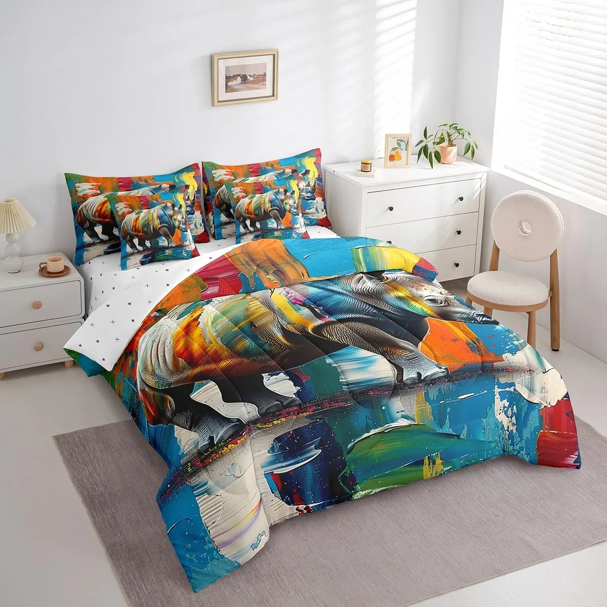 Manfei Rhinoceros Comforter Set with Sheets Africa Wildlife 7 Piece Bedding Set Full Size for Kids Boys Girls Rhino Aesthetic Painting Bed in a Bag Soft Bedding Comforters