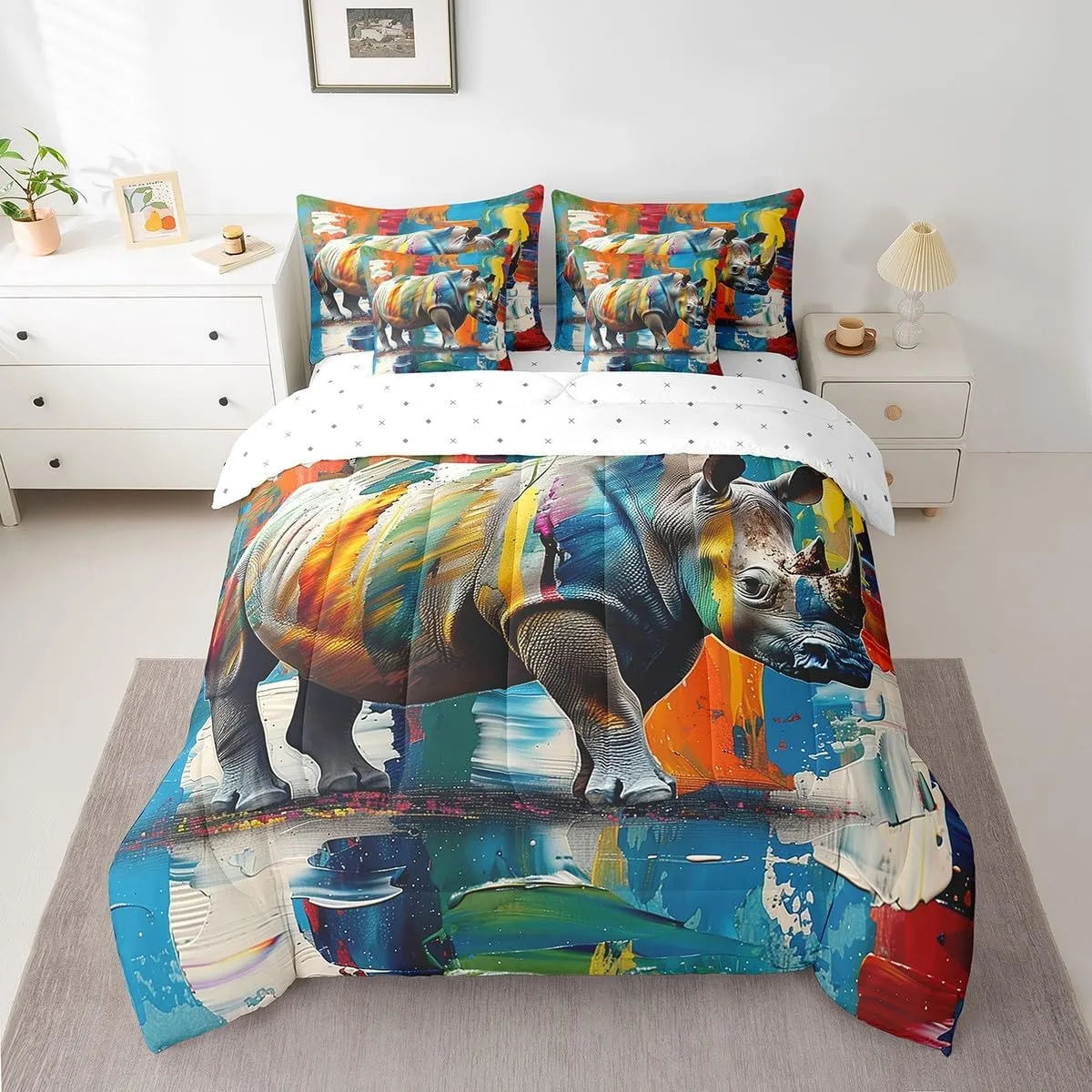 Manfei Rhinoceros Comforter Set with Sheets Africa Wildlife 7 Piece Bedding Set Full Size for Kids Boys Girls Rhino Aesthetic Painting Bed in a Bag Soft Bedding Comforters
