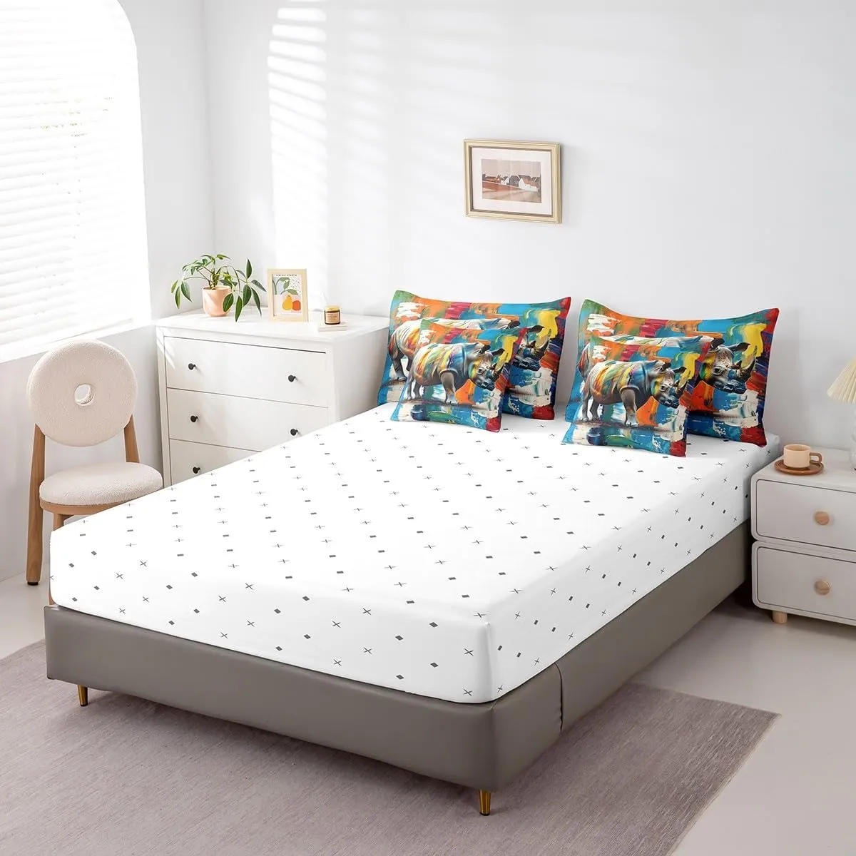 Manfei Rhinoceros Comforter Set with Sheets Africa Wildlife 7 Piece Bedding Set Full Size for Kids Boys Girls Rhino Aesthetic Painting Bed in a Bag Soft Bedding Comforters