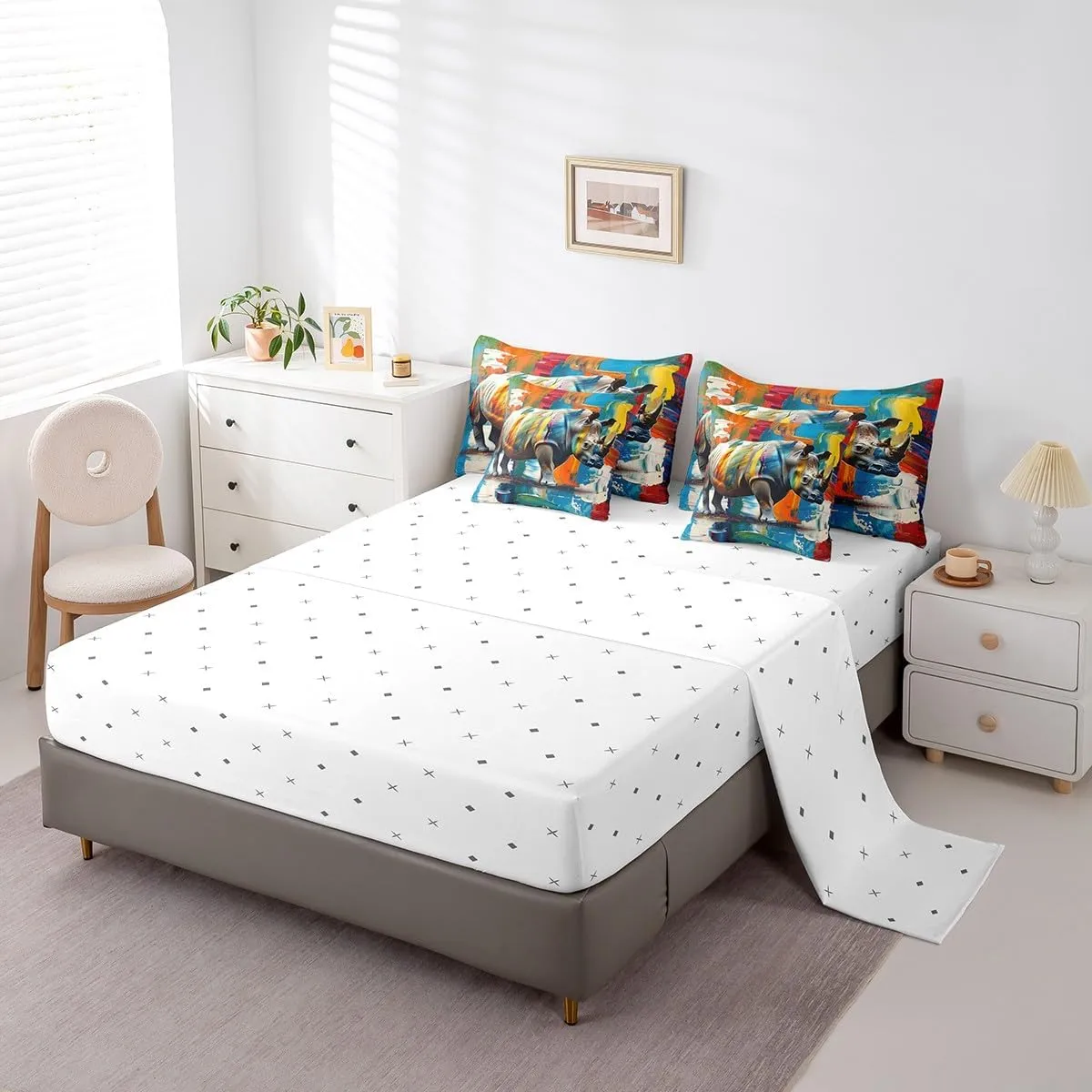 Manfei Rhinoceros Comforter Set with Sheets Africa Wildlife 7 Piece Bedding Set Full Size for Kids Boys Girls Rhino Aesthetic Painting Bed in a Bag Soft Bedding Comforters
