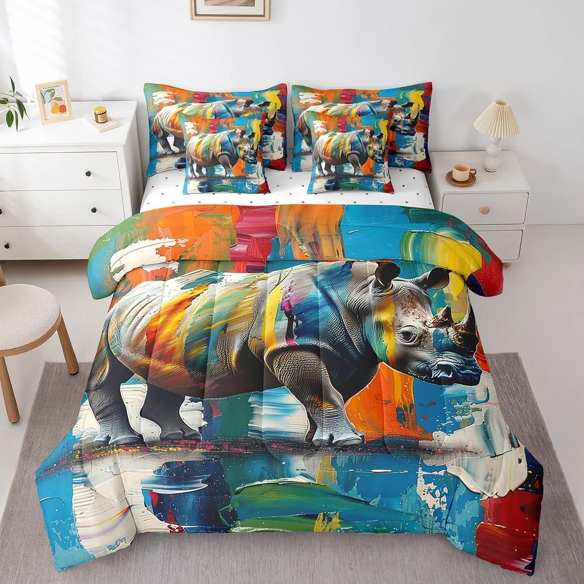 Manfei Rhinoceros Comforter Set with Sheets Africa Wildlife 7 Piece Bedding Set Full Size for Kids Boys Girls Rhino Aesthetic Painting Bed in a Bag Soft Bedding Comforters