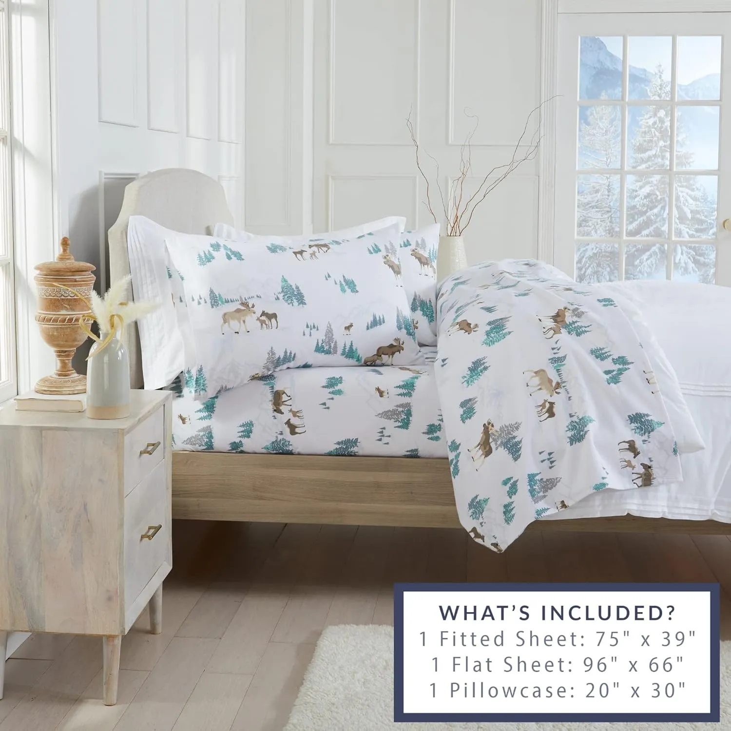 Market & Place 100% Turkish Cotton Flannel Sheet Set | 3 Piece Deep Pocket Novelty Cozy Winter Bed Sheets | Double Brushed for Extra Softness & Comfort | Alpine Collection (Twin, Moose)
