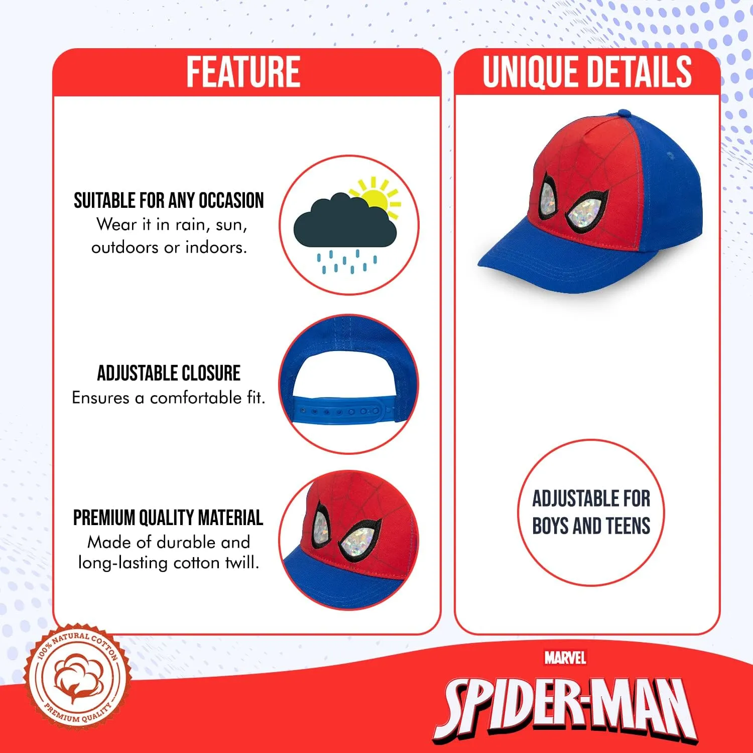 Marvel Spiderman Hat for Boys, Breathable Spiderman Baseball Cap for Toddlers, Boys Ages 3-9