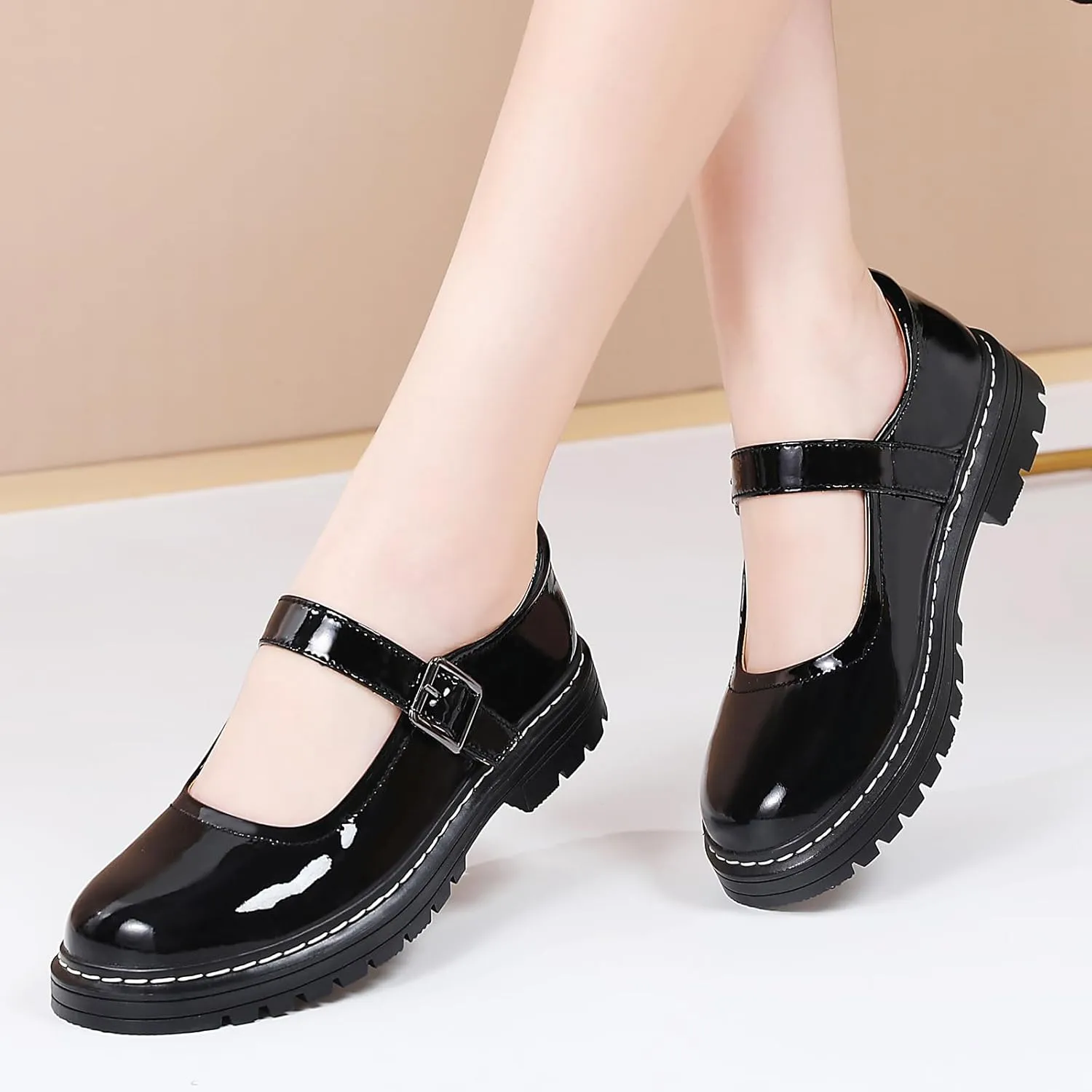Mary Jane Shoes Women Platform Non-Slip Classics Round Toe Ankle Strap Comfort Casual Oxford Dress Work Mary Jane Flat Shoes