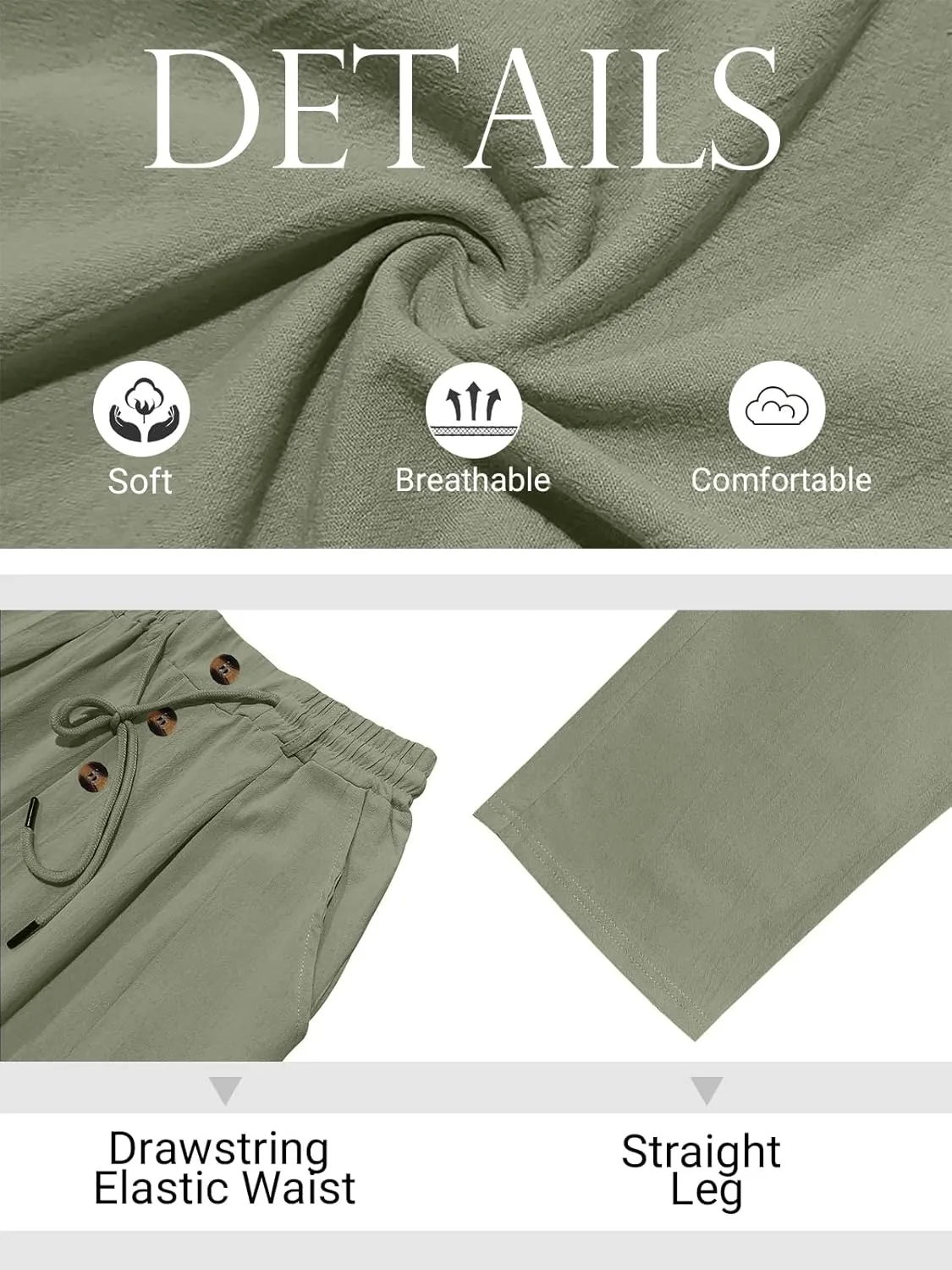 Mens Casual Linen Pants Loose Fit Elastic Drawstring Waist Straight-Legs Summer Yoga Beach Long Pants
