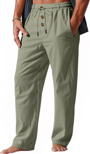 Mens Casual Linen Pants Loose Fit Elastic Drawstring Waist Straight-Legs Summer Yoga Beach Long Pants