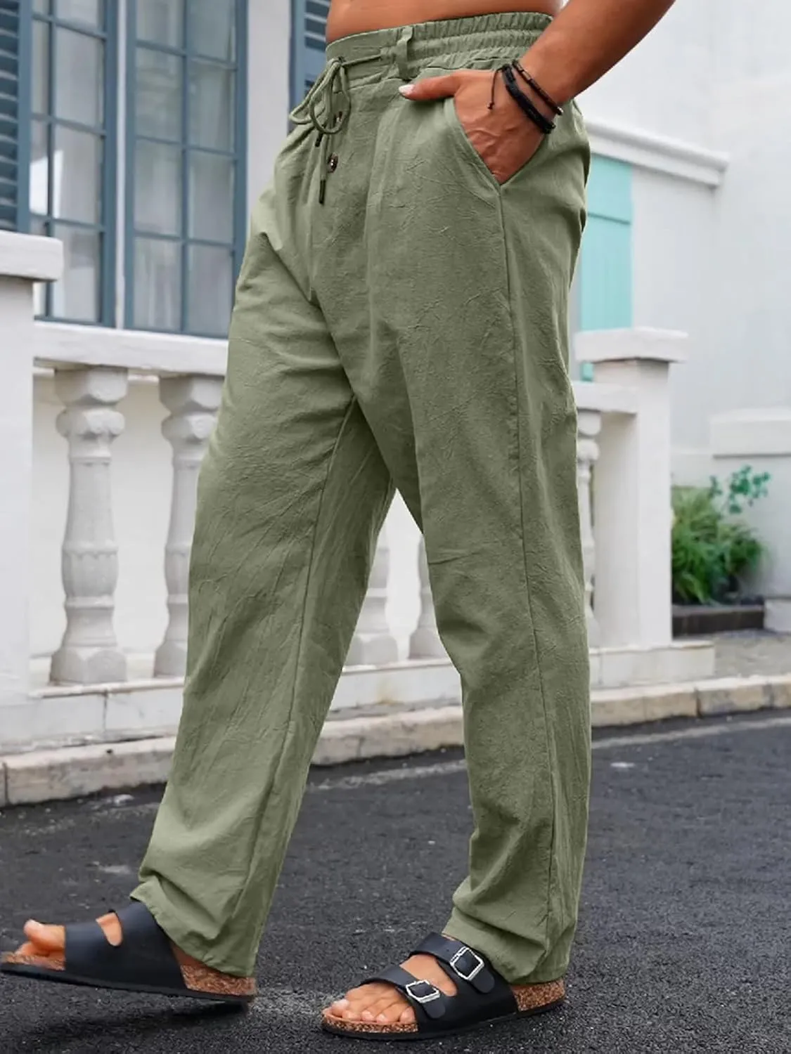 Mens Casual Linen Pants Loose Fit Elastic Drawstring Waist Straight-Legs Summer Yoga Beach Long Pants