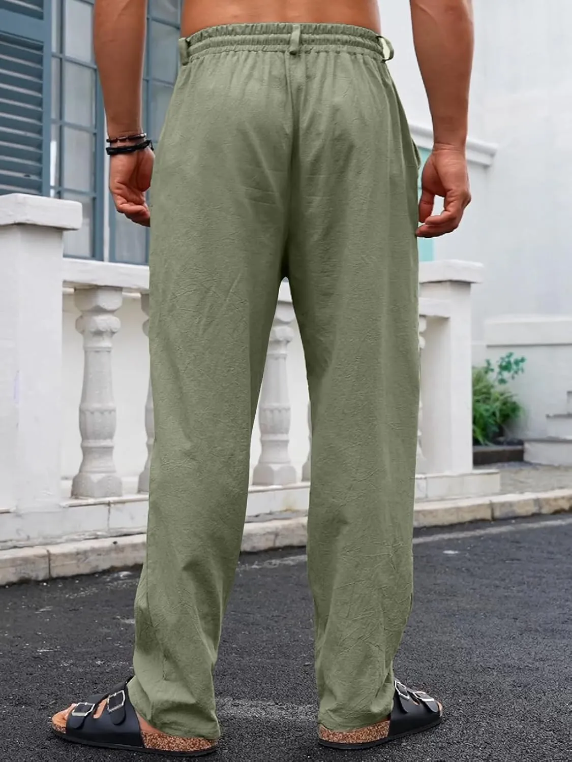 Mens Casual Linen Pants Loose Fit Elastic Drawstring Waist Straight-Legs Summer Yoga Beach Long Pants