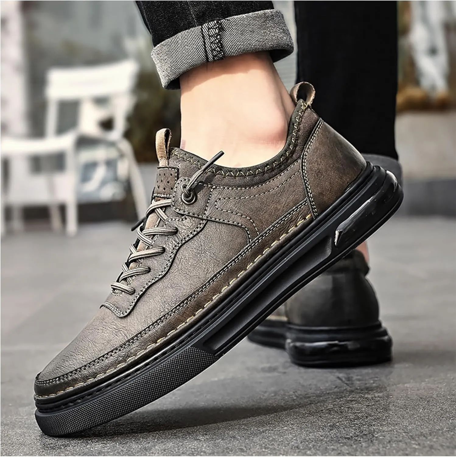 Mens Leather Fashion Oxford Sneaker Low Top Lace Up Round-Toe Casual Oxford Shoes Retro Comfortable Business Dress Invisible Height Increasing Non-Slip Softsole Walking Work Shoes