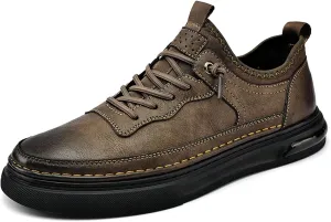 Mens Leather Fashion Oxford Sneaker Low Top Lace Up Round-Toe Casual Oxford Shoes Retro Comfortable Business Dress Invisible Height Increasing Non-Slip Softsole Walking Work Shoes