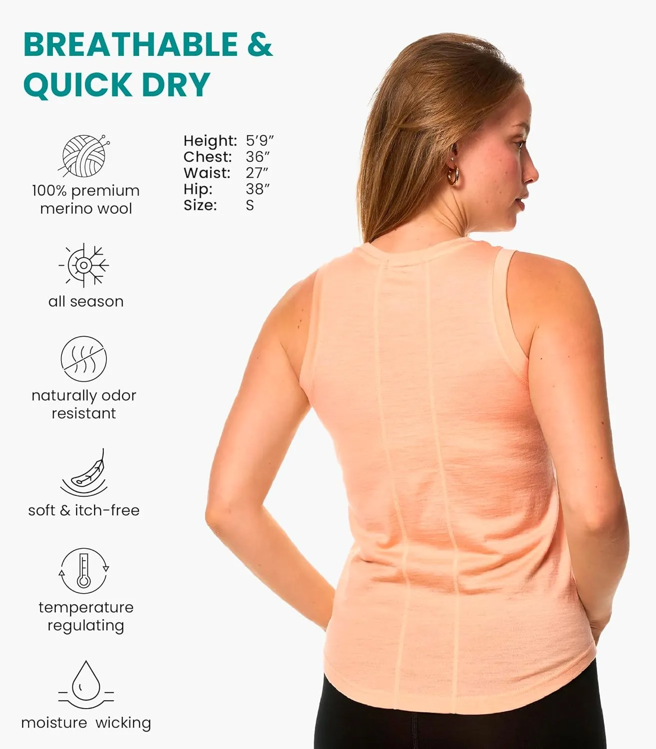 Merino Wool Tank Top Women - Active Merino Wool Undershirt Moisture Wicking Breathable Anti-Odor Lightweight Base Layer