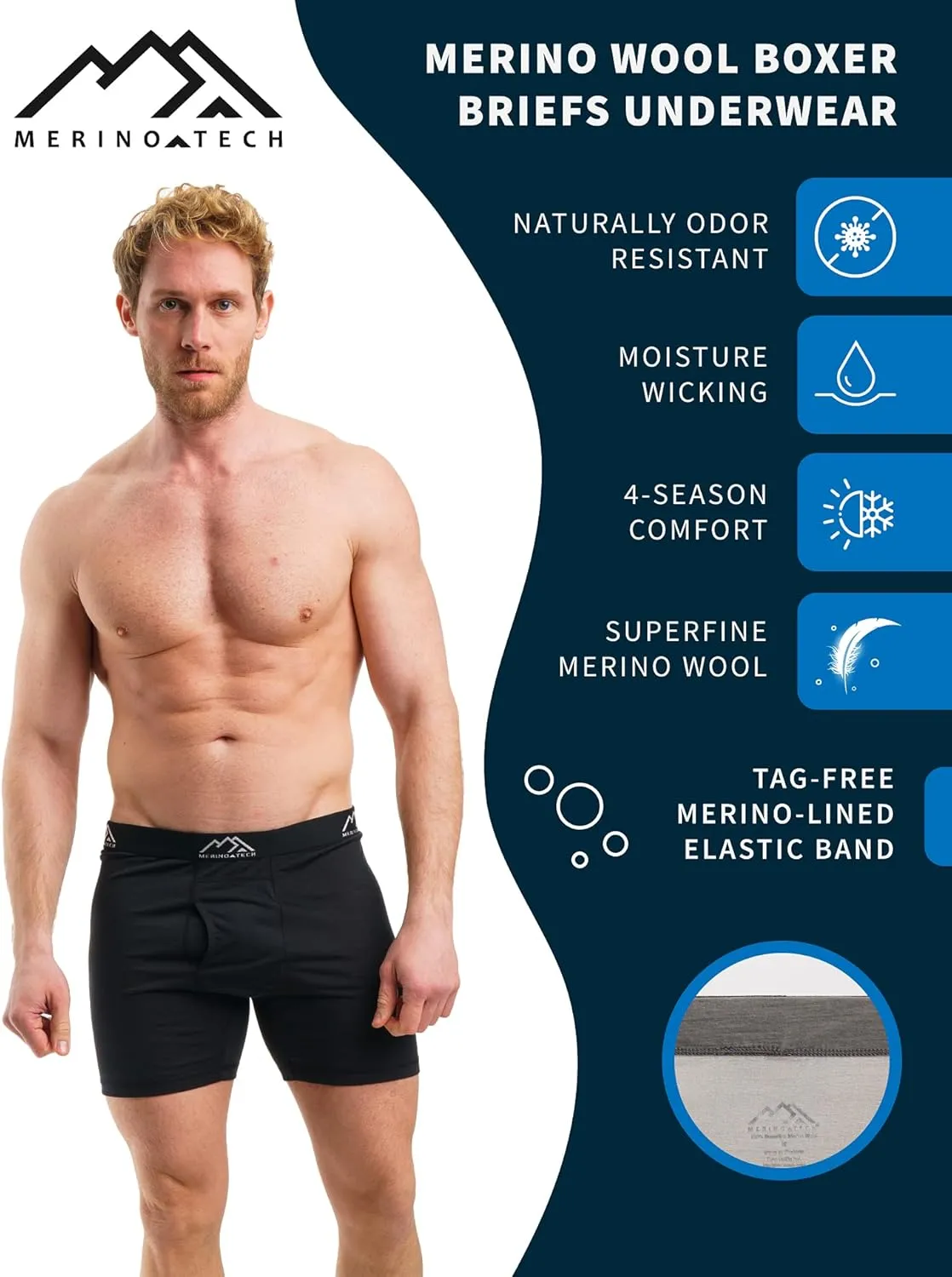 Merino.tech Merino Wool Underwear Mens - 100% Merino Wool Base Layer Boxer Briefs for Men