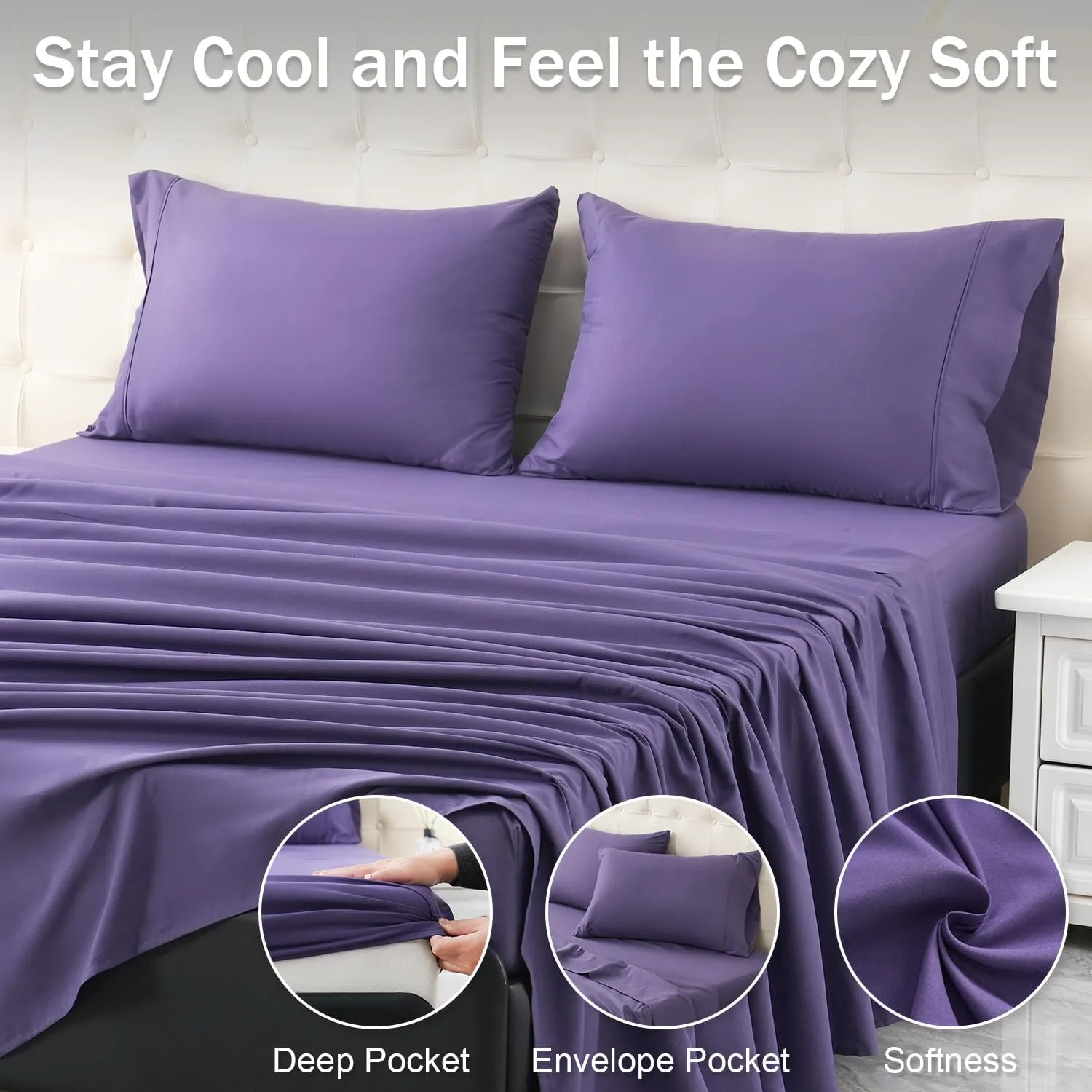 MICORAL King Bed Sheets Set, Soft Breathable Bedding Sheet Set, Sheets Set with 16" Deep Pocket Design (4 Pieces, King, Classic Purple)