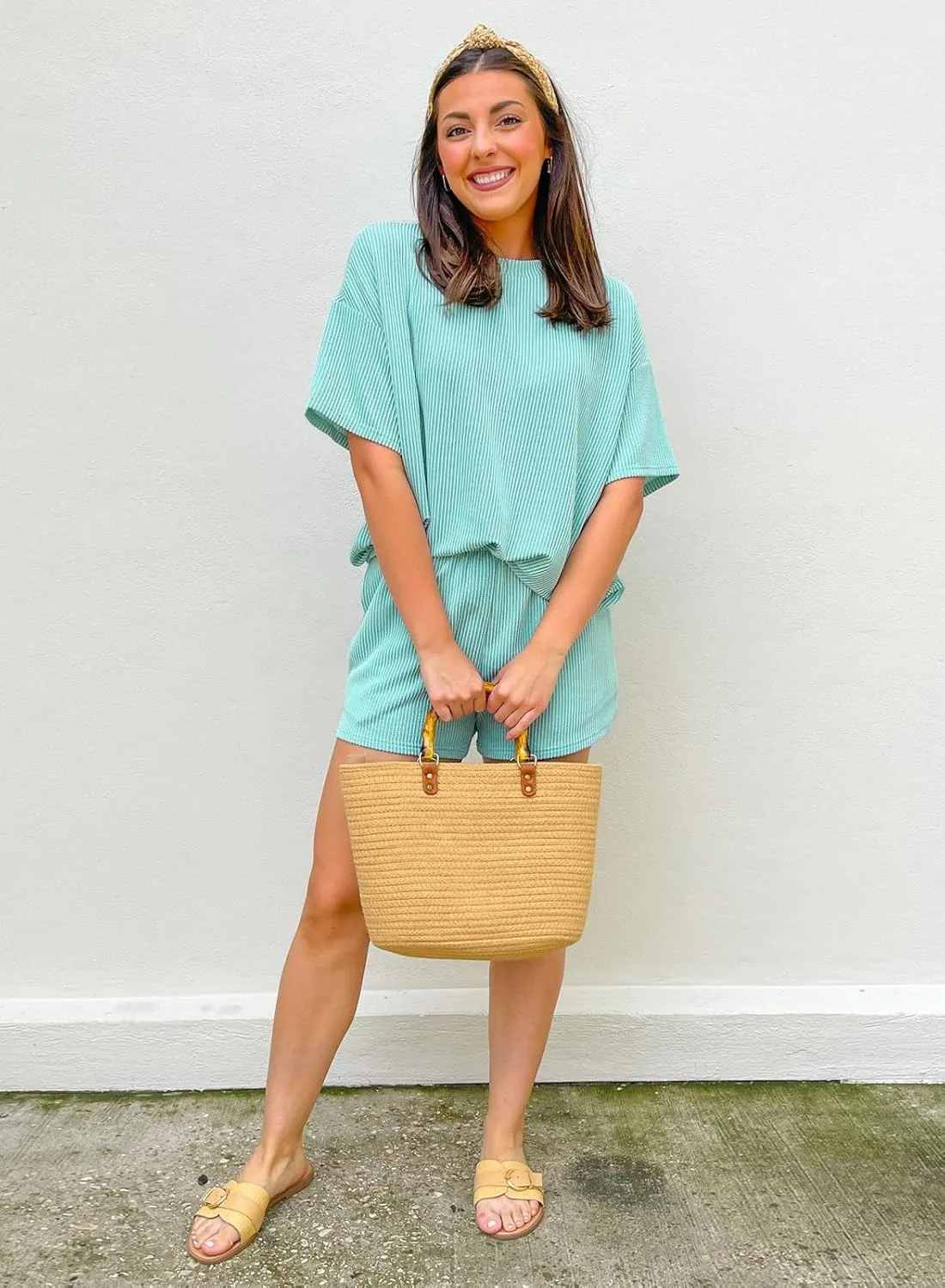 miduo Womens 2 Piece Sets Ribbed Textured Knit Casual Short Sleeve Shirts Shorts Two Piece Lounge Matching Set
