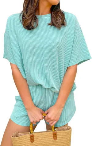 miduo Womens 2 Piece Sets Ribbed Textured Knit Casual Short Sleeve Shirts Shorts Two Piece Lounge Matching Set