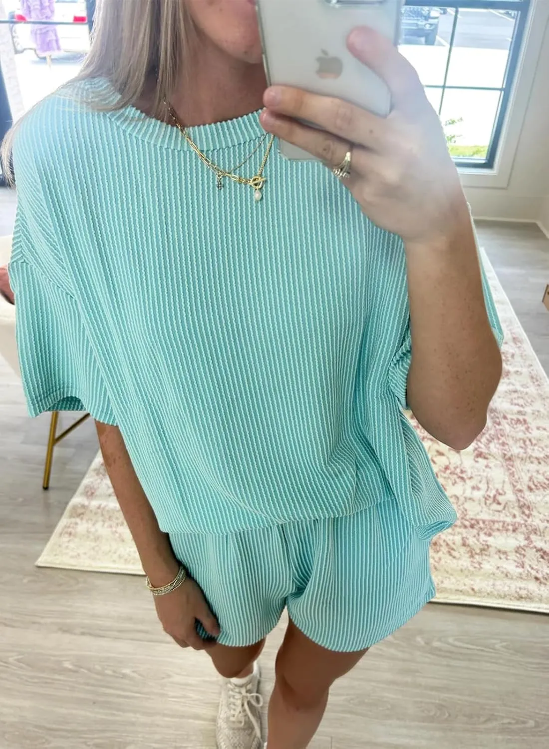 miduo Womens 2 Piece Sets Ribbed Textured Knit Casual Short Sleeve Shirts Shorts Two Piece Lounge Matching Set
