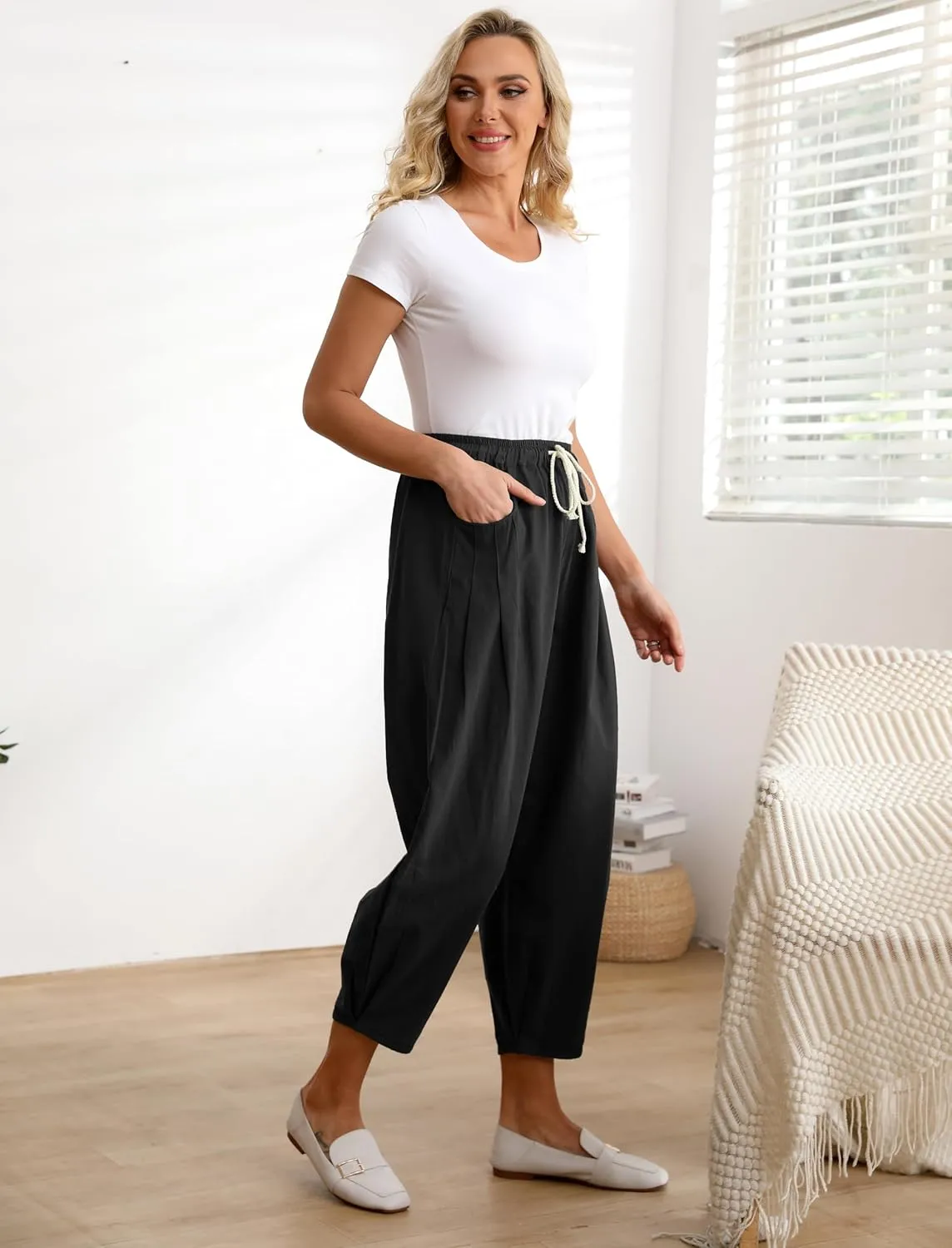 Minibee Women's Baggy Harem Pants Wide Leg Casual Pant Summer Cotton Drawstring Trousers with Pockets