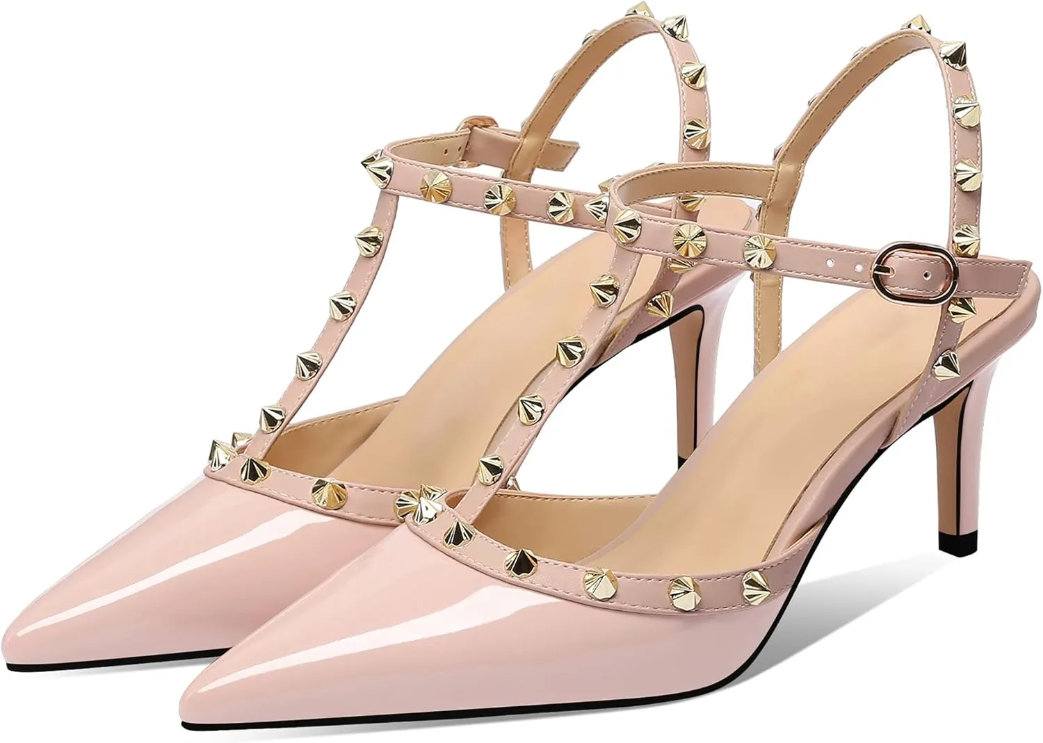 MIRAAZZURRA Women Heeled Sandals Rivet Studded T-Strap Wedding Shoes Stiletto High Heels Pointed Toe Slip On Bridal Pumps for Women