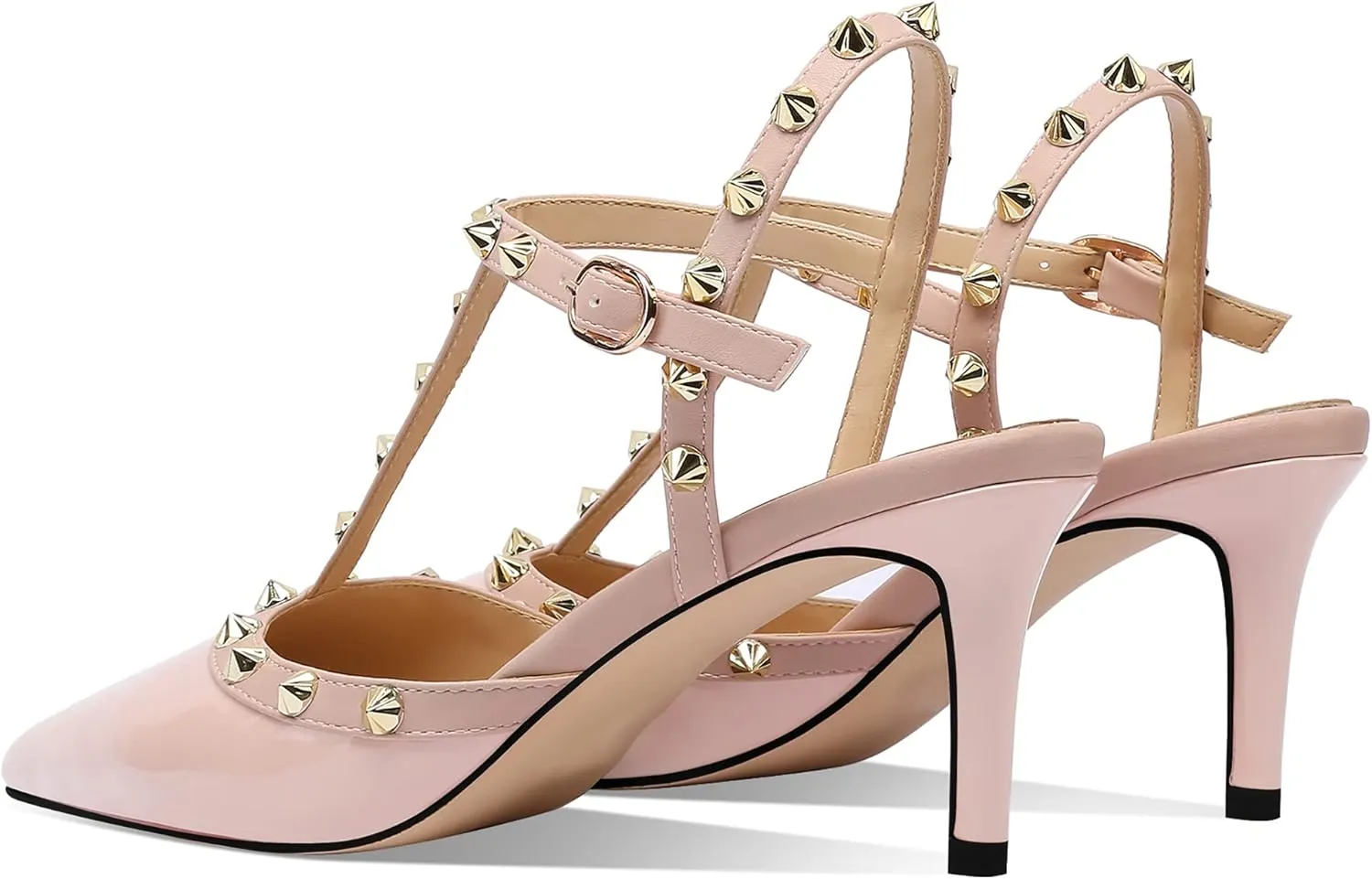 MIRAAZZURRA Women Heeled Sandals Rivet Studded T-Strap Wedding Shoes Stiletto High Heels Pointed Toe Slip On Bridal Pumps for Women