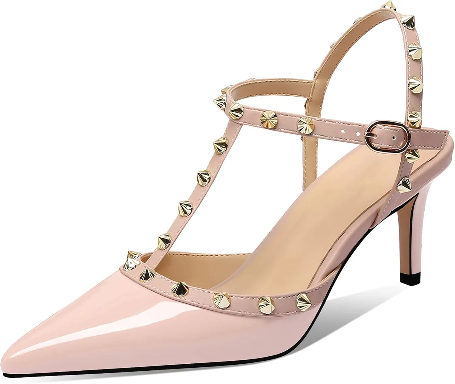 MIRAAZZURRA Women Heeled Sandals Rivet Studded T-Strap Wedding Shoes Stiletto High Heels Pointed Toe Slip On Bridal Pumps for Women