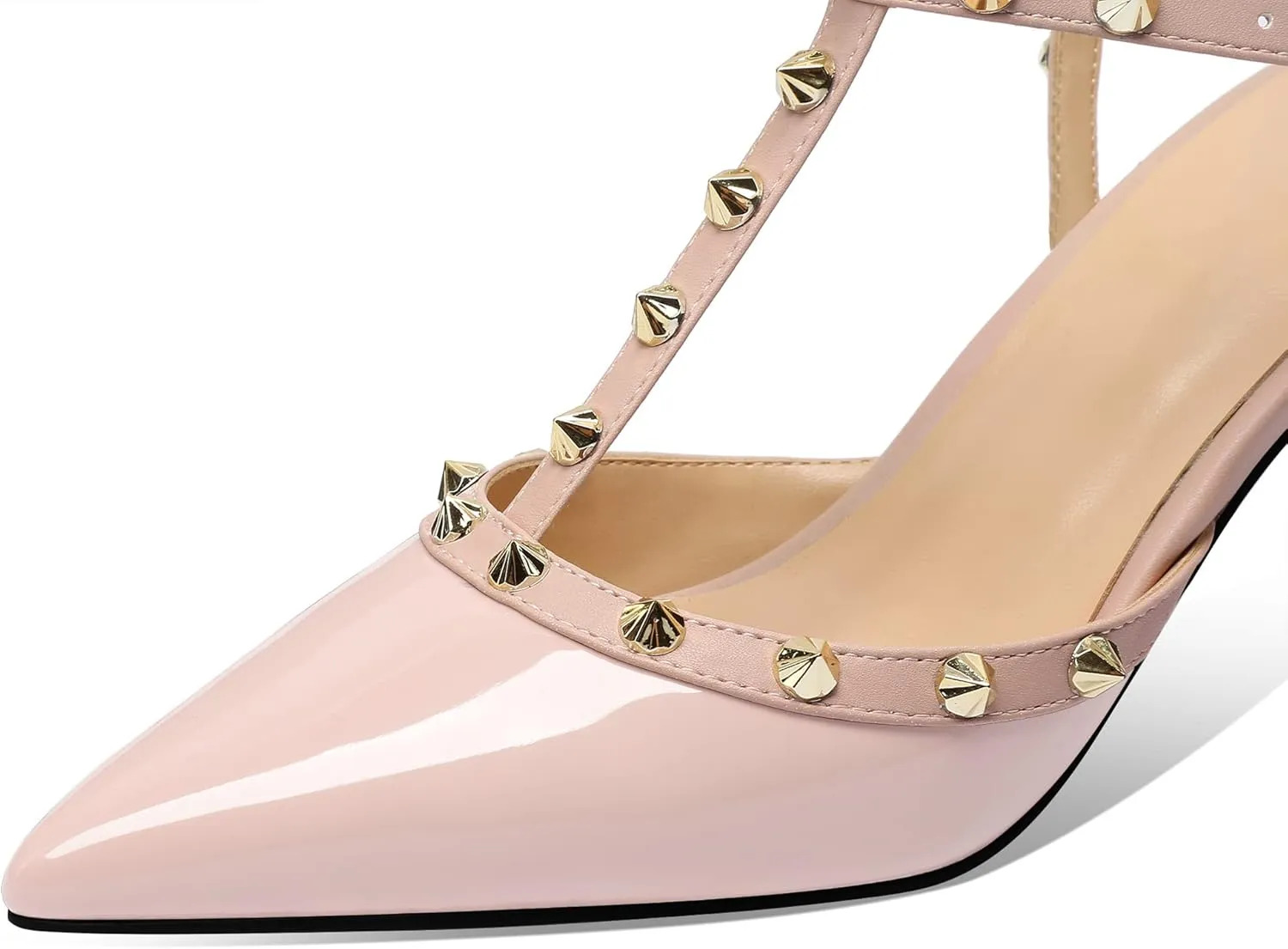 MIRAAZZURRA Women Heeled Sandals Rivet Studded T-Strap Wedding Shoes Stiletto High Heels Pointed Toe Slip On Bridal Pumps for Women