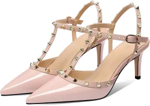 MIRAAZZURRA Women Heeled Sandals Rivet Studded T-Strap Wedding Shoes Stiletto High Heels Pointed Toe Slip On Bridal Pumps for Women