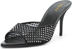 miss left Women Peep Toe Studded Rhinestone Mesh Slide Sandals Thin high Heel Slip on Mules Sexy Prom Club Shoes Size 4-16 US