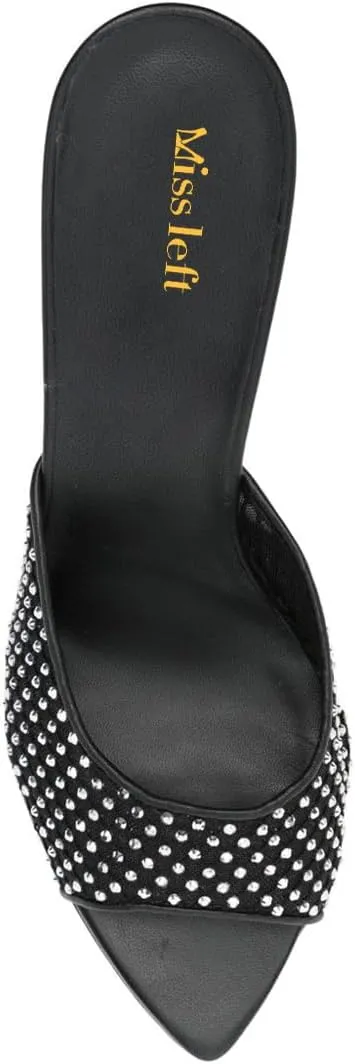 miss left Women Peep Toe Studded Rhinestone Mesh Slide Sandals Thin high Heel Slip on Mules Sexy Prom Club Shoes Size 4-16 US
